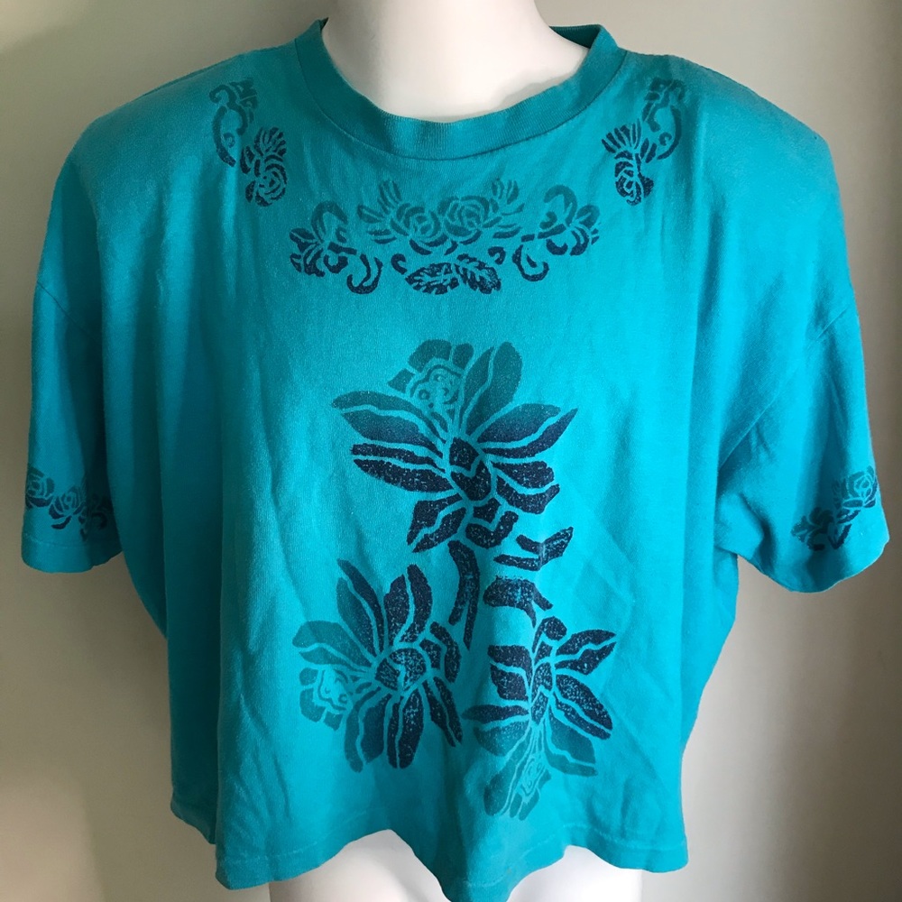 Vintage Turquoise Floral Stenciled Crop Top